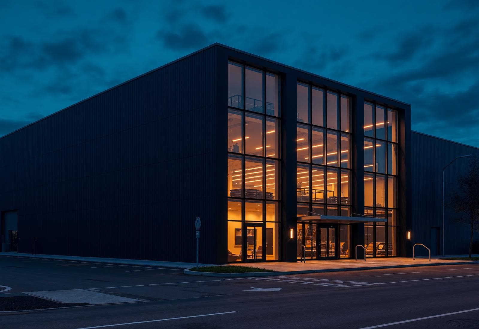 Beleuchtetes Firmengebäude am Abend